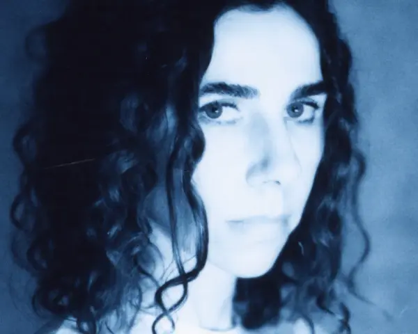 PJ Harvey, z kręconymi włosami, patrzy intensywnie. Jej twarz, w odcieniach niebieskiego, zdaje się opowiadać historię z "I Inside the Old I Dying".