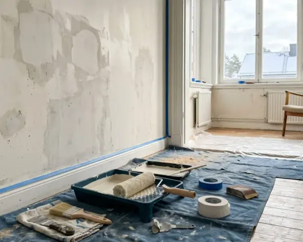 Verktyg för att blanda spackel med vatten ligger utspridda på en blå duk. Väggen är förberedd för målning med spacklade fläckar.