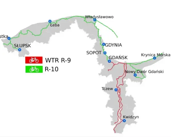 Mapa tras rowerowych WTR R-9 (czerwona) i R-10 (zielona), w tym fragmentów EuroVelo 4, łączących miasta od Ustki po Kwidzyn.