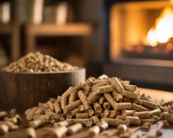 Un mucchio di pellet di legno su un tavolo, con un camino acceso sullo sfondo. L'immagine evoca il tema dell'andamento prezzo pellet.