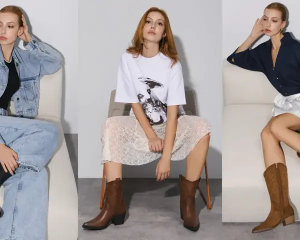 Tres mujeres posan con diferentes atuendos. La de la izquierda lleva vaqueros y una chaqueta vaquera con botines negros. La del centro, falda de encaje y camiseta gráfica con botines marrones. La de la derecha, falda blanca y camisa vaquera oscura con ...