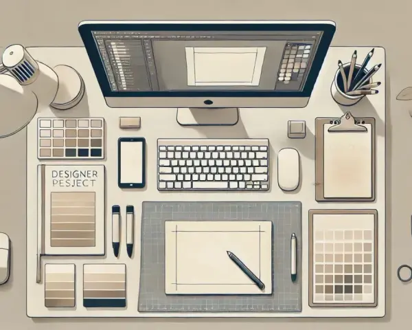Biurko grafika: monitor, klawiatura, myszki, tablet graficzny, próbki kolorów, lampka. Idealne miejsce do pracy nad wzornictwem.