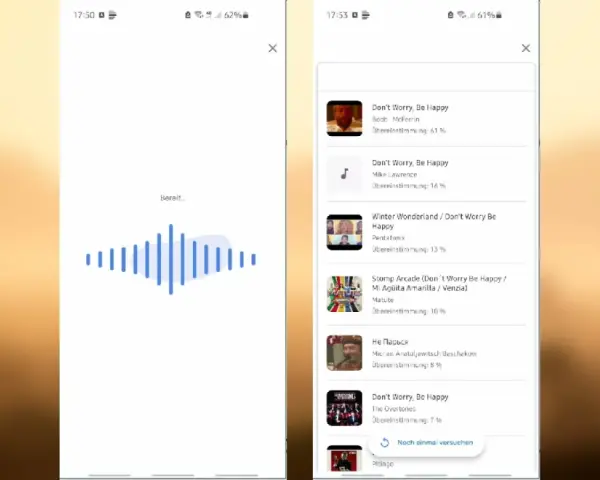 Zwei Smartphone-Bildschirme: Links eine Musikerkennungs-App mit Wellenform, rechts eine Liste mit Songvorschlägen.