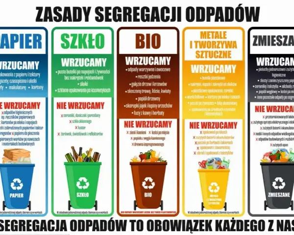 Plakat z zasadami segregacji odpadów. Kolorowe **puszki** na śmieci: papier, szkło, bio, metale i tworzywa sztuczne, zmieszane.
