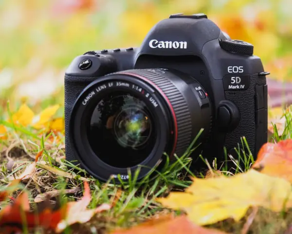 Profesjonalny aparat Canon EOS 5D Mark IV z obiektywem 35mm leży wśród jesiennych liści.