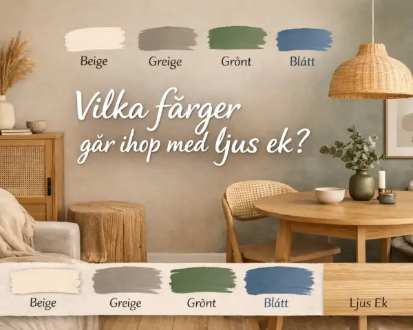 En inbjudande inredning med ljusa trädetaljer och en cool gray vägg. Färgprover visar beige, greige, grönt och blått som komplement.