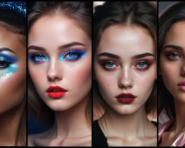 Quattro volti con trucco audace: blu elettrico, rosso acceso, bordeaux e rosa. Un omaggio al trucco anni 70.