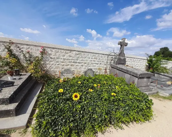 La tombe de Van Gogh, recouverte de verdure et ornée de tournesols, sous un ciel bleu.