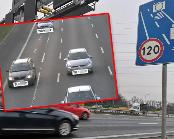 Znak ograniczenia prędkości do 120 km/h i fotoradar. Na nagraniu z kamery widać samochody na drodze, które mogą otrzymać mandat z fotoradaru.