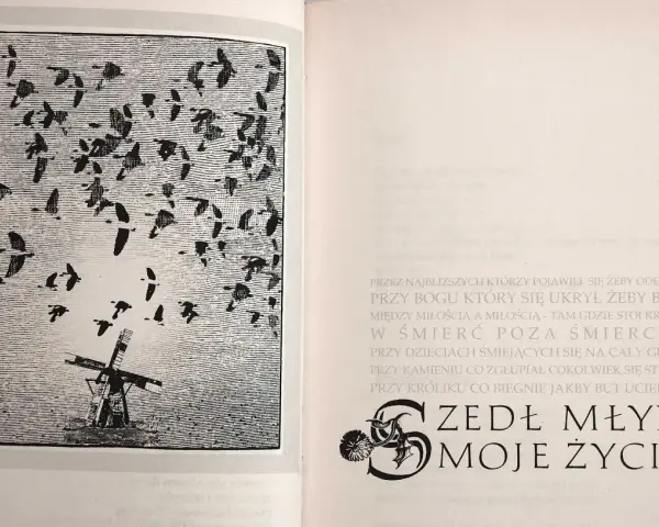 Dyzio marzyciel patrzy na wiatr w młynie i stado ptaków. Wiersz "Zjadł młyn moje życie" opowiada o przemijaniu.