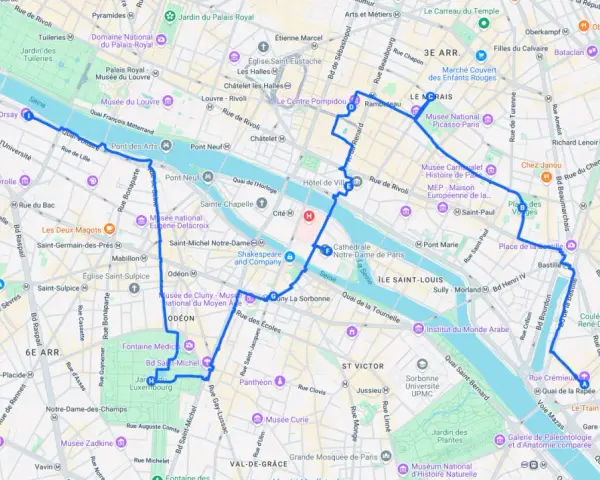 Itinéraire pour visiter Paris en 4 jours, passant par le Louvre, Notre-Dame, le Marais et Bastille.