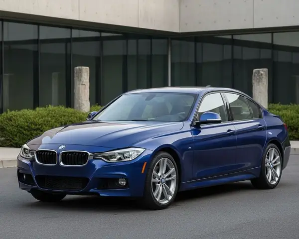 Niebieskie BMW F30 na tle nowoczesnego budynku. Zastanawiasz się nad jego **koszty utrzymania**?