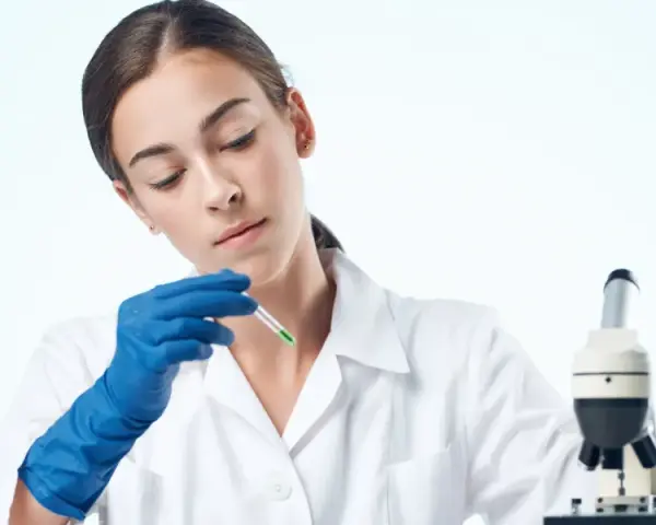 Giovane tecnologo alimentare in camice bianco, con guanti blu, analizza un campione con un contagocce accanto a un microscopio.