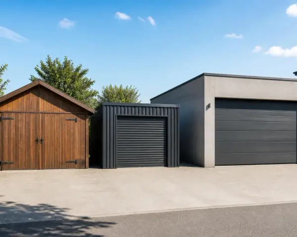 Trois garages aux styles variés : bois, métal et béton. Idéal pour comparer le prix construction garage et choisir le vôtre.