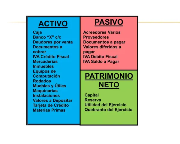 Diagrama de contabilidad: Activo (caja, banco, deudores), Pasivo (acreedores, proveedores, documentos a pagar) y Patrimonio Neto (capital, reserva). Ejemplos de elementos patrimoniales.
