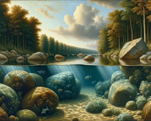 Paysage aquatique montrant comment peindre la transparence de l'eau, avec des rochers, des poissons et une forêt luxuriante.