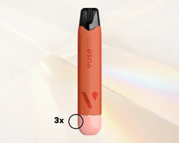 Vuse Go, un dispositivo con nicotina, en color naranja con detalles en rosa.