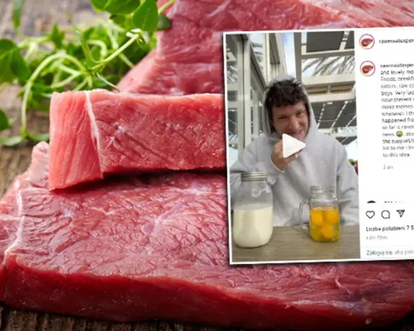 Surowe mięso na drewnianym blacie, obok zielone zioła. W tle zdjęcie mężczyzny z słoikami mleka i jajek, który eksperymentuje z dietą.