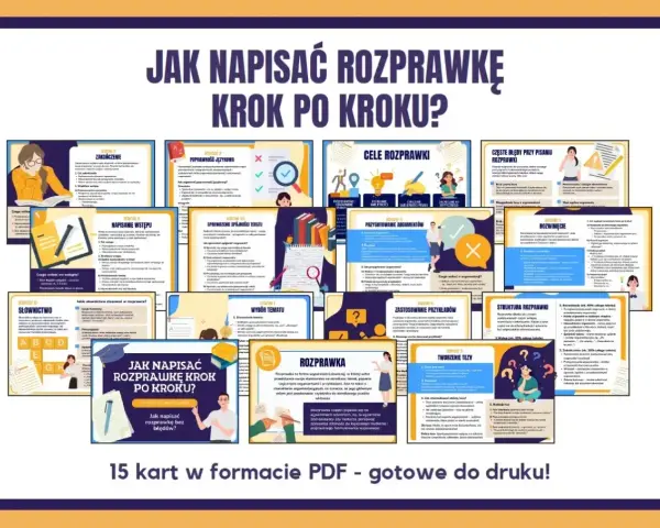 Zestaw 15 kart PDF do druku, który krok po kroku wyjaśnia, jak napisać rozprawkę. Pomoc w nauce pisania rozprawki.