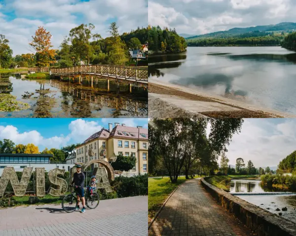 Atrakcje Wisła i okolice: malowniczy park z mostkiem, jezioro, napis WISŁA z rowerzystami, ścieżka nad rzeką.