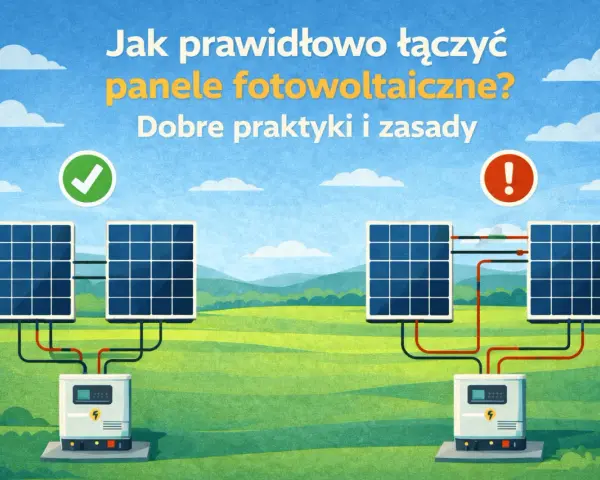 Ilustracja pokazuje prawidłowe i nieprawidłowe łączenie paneli fotowoltaicznych. Po lewej poprawny schemat z zielonym zaznaczeniem, po prawej błąd z czerwonym wykrzyknikiem.