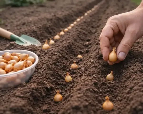 Ręka sadzi cebulę dymkę w rzędzie na ziemi. Obok miska z dymkami i łopatka.