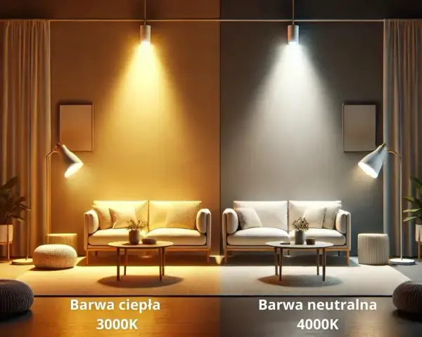 Porównanie barwy światła: ciepła 3000K po lewej, a po prawej barwa światła neutralna 4000K.