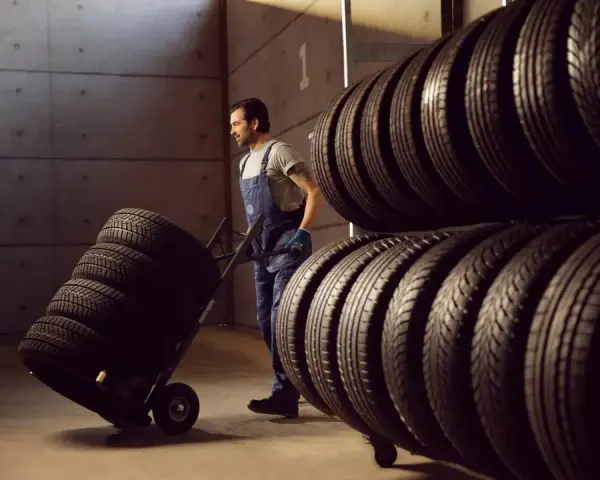 Un operaio trasporta pneumatici su un carrello, pronto per la manutenzione pneumatici. Scaffali pieni di gomme sullo sfondo.