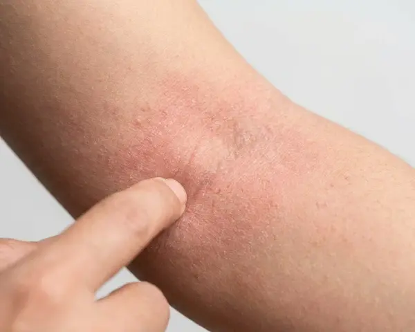 Rote, trockene Haut am Arm, die auf Neurodermitis hindeutet. Eine Hand berührt die betroffene Stelle, um zu zeigen, was hilft gegen Neurodermitis.