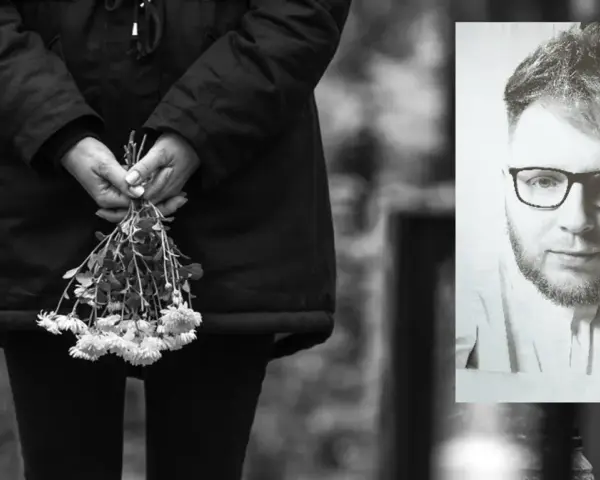 Czy w czasie żałoby można tańczyć? Dwie twarze: jedna trzyma bukiet kwiatów, druga patrzy z zadumą.