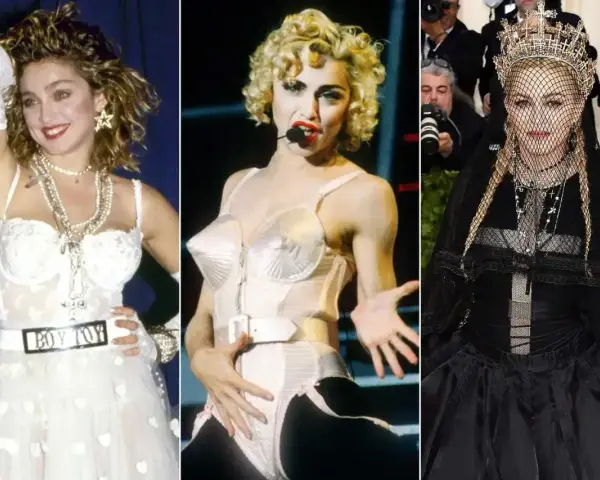 Ikony stylu lat 80. zagraniczne: Madonna w białej sukni, w stroju scenicznym i w czarnej kreacji z welonem.