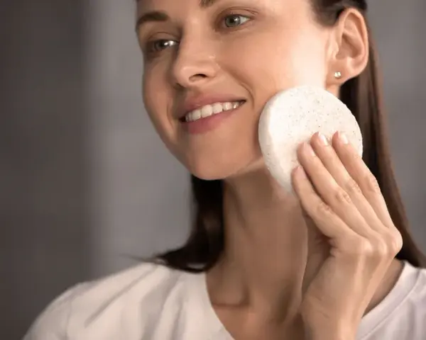 Une femme souriante utilise une éponge naturelle pour se laver le visage. Une méthode douce pour un nettoyage en douceur.