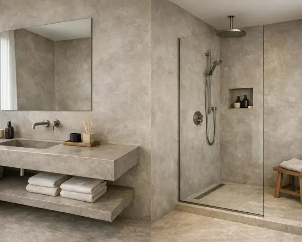 Salle de bain moderne avec lavabo suspendu, douche à l'italienne et **béton ciré sol** pour une ambiance épurée.