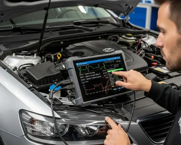 Mechanik diagnozuje problem z samochodem, używając testera do sprawdzenia ECU. Na ekranie widać wykresy parametrów silnika.