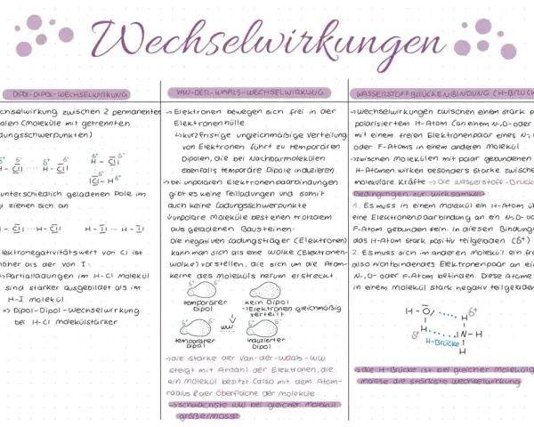 Organische Verbindung: Dipol-Dipol-Wechselwirkung zwischen polaren Molekülen, Van-der-Waals-Wechselwirkung bei unpolaren Molekülen und Wasserstoffbrückenbindungen.