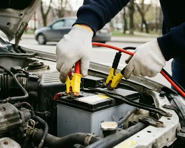 Person mit Handschuhen schließt Starthilfe-Kabel an Autobatterie an. ADAC-Hilfe ist oft die Lösung bei Pannen.