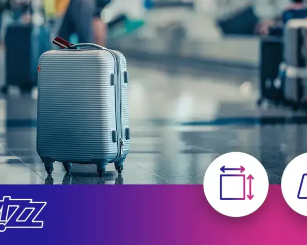 Szary wizzair bagaż podręczny na lotnisku. Ikony wskazują wymiary i wagę.