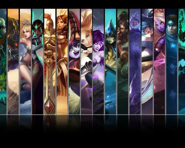 Komiksowa mozaika postaci z gry League of Legends, przedstawiająca bohaterów w pionowych pasach.