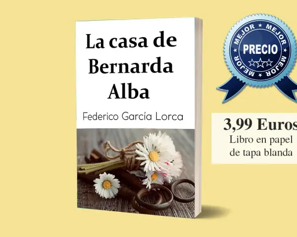 Libro "La casa de Bernarda Alba" de Federico García Lorca, con flores y llaves. Los personajes de esta obra maestra están listos para ser descubiertos.