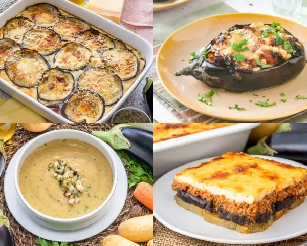 Variedad de recetas con berenjenas: pastel horneado, berenjena rellena, sopa cremosa y moussaka.