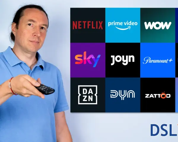 Mann mit Fernbedienung vor Logos beliebter Streaming-Dienste in Deutschland wie Netflix, Prime Video, Sky, Disney+.