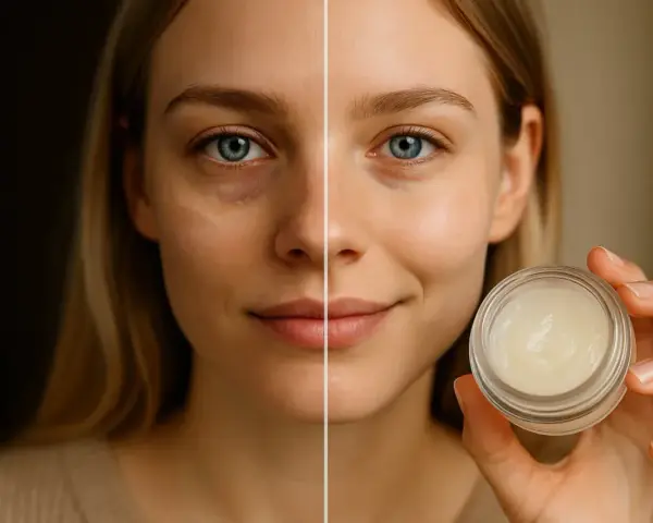 Vorher-Nachher-Vergleich: Eine Frau mit Augenringen links, rechts mit strahlender Haut. Vaseline gegen Augenringe für einen frischen Blick.