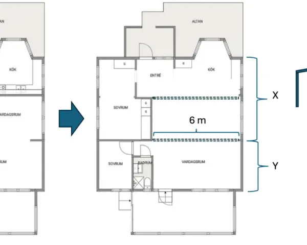 Planritning visar en ombyggnad för dimensionering stålbalk. En 6 m bred öppning skapas i vardagsrummet.