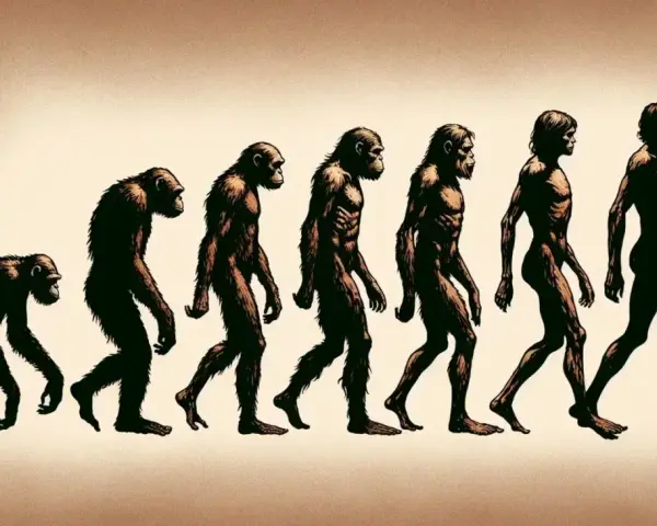Esquema de la evolución del hombre: simios encorvados se transforman gradualmente en humanos bípedos.