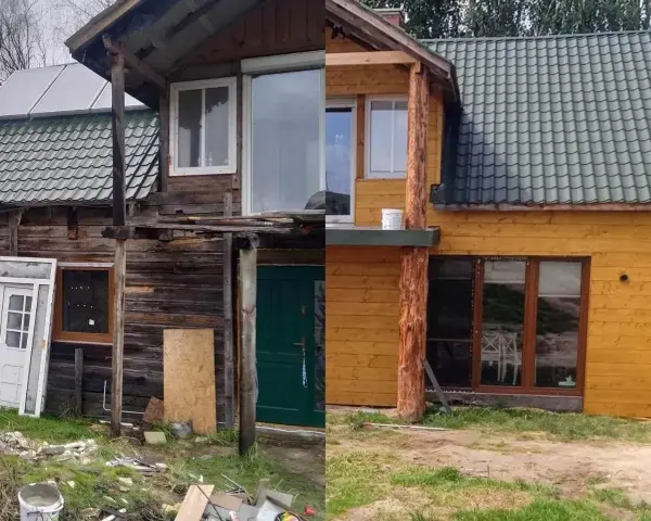 Dom po remoncie: stara, drewniana chata zyskała nowe, żółte oblicze. Widać nową stolarkę okienną i drzwiową, a także odnowiony dach. To prawdziwa metamorfoza!