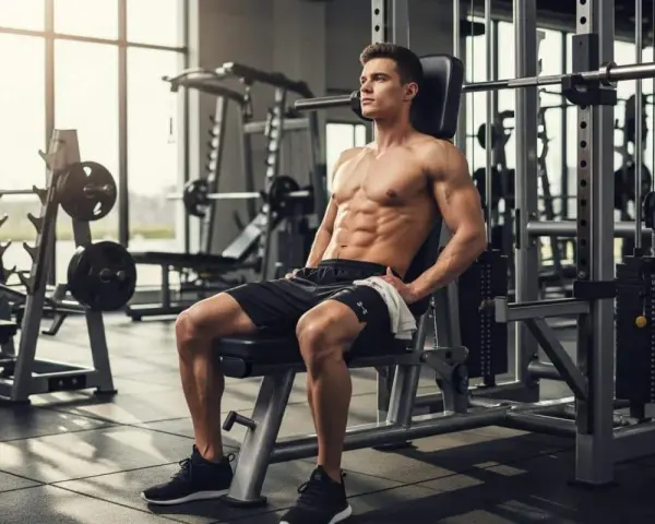 Un homme musclé se repose dans une salle de sport, profitant de son temps de repos idéal musculation.