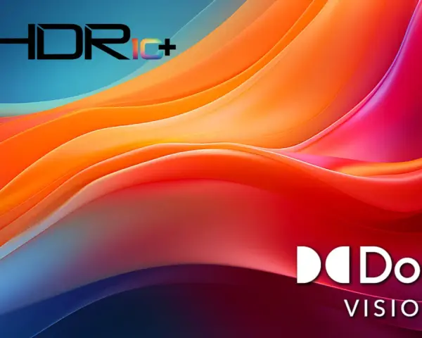 Abstrakte, fließende Formen in leuchtenden Orange-, Rot- und Blautönen. Das HDR10+ und Dolby Vision Logo sind prominent platziert.