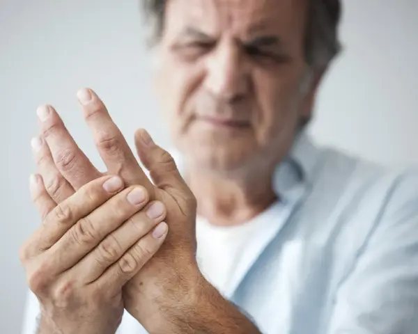 Mann hält seine Hand, da seine Finger schmerzen beim Beugen.
