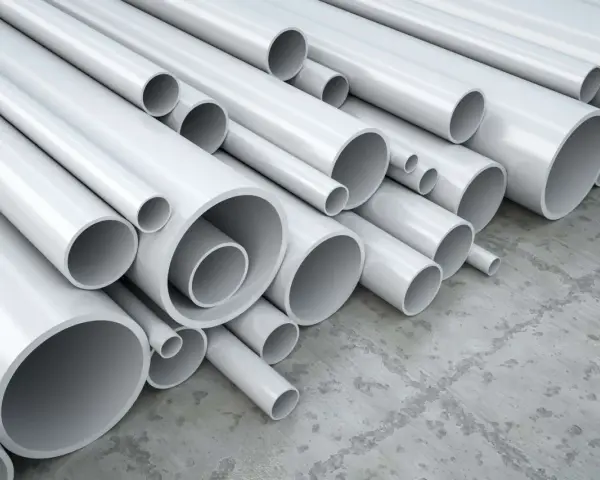 A pile of white pipes, many of which are made of vinyl, a type of plastic, are stacked on a concrete floor.