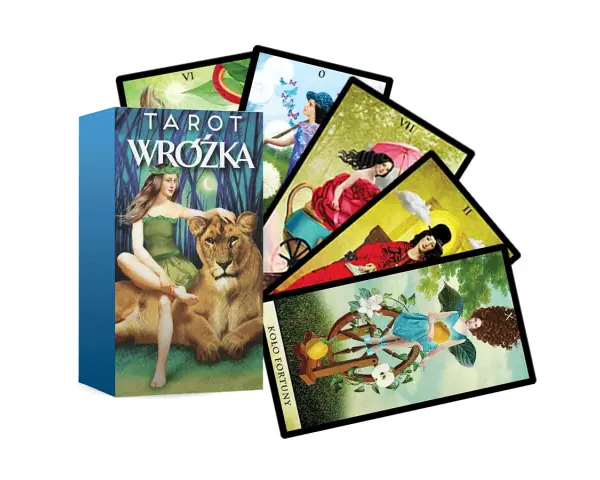 Karty do wróżenia z opisem "Tarot Wróżka" przedstawiają magiczne sceny z kobietą i lwem na okładce oraz różnorodne ilustracje na kartach, w tym Koło Fortuny.